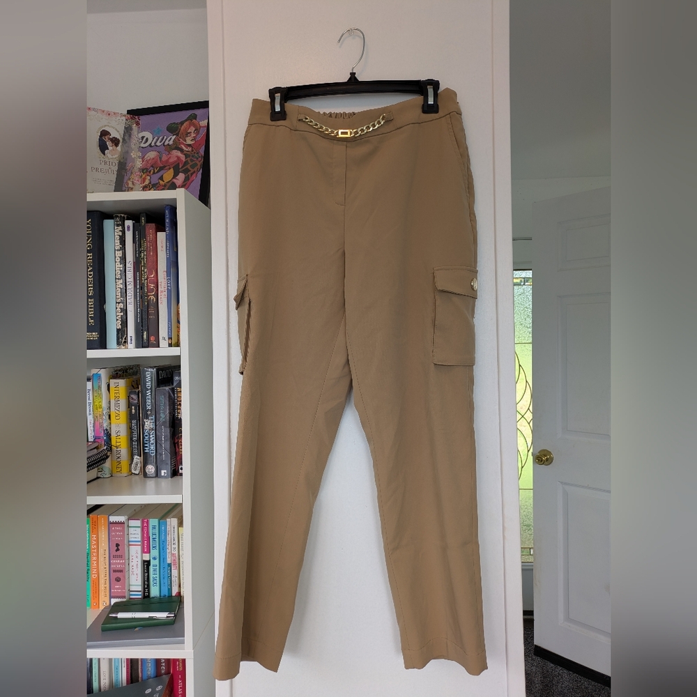 Karl Lagerfeld Paris Women's Cargo Pants Cropped Waist Chain Beige Camel Medium
